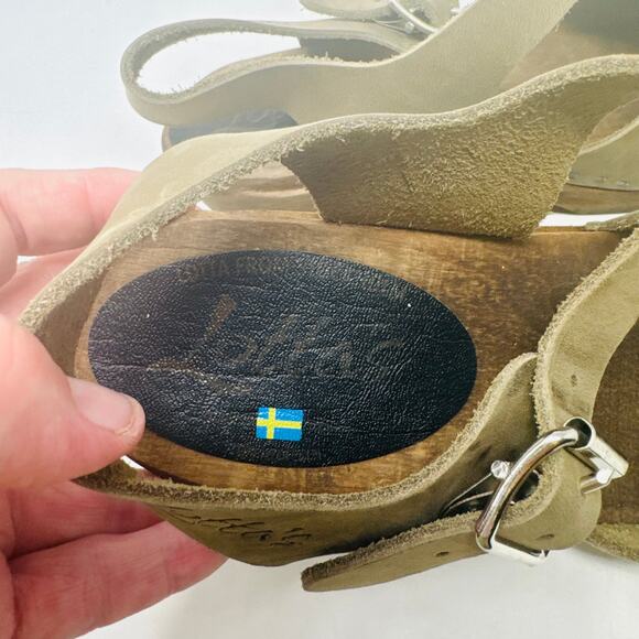 Lotta from Stockholm Green Leather Clogs Wooden Heels Adjustable Strap Size 37 - Picture 13 of 15